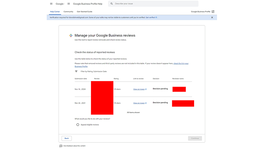 check pending google review removal status